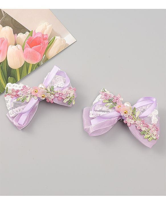 Babyhug Bow & Butterfly Clips With Pearls & Floral Applique Pack of 2 - Pink