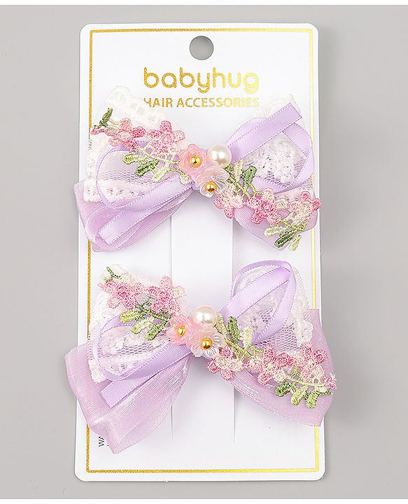 Babyhug Bow & Butterfly Clips With Pearls & Floral Applique Pack of 2 - Pink
