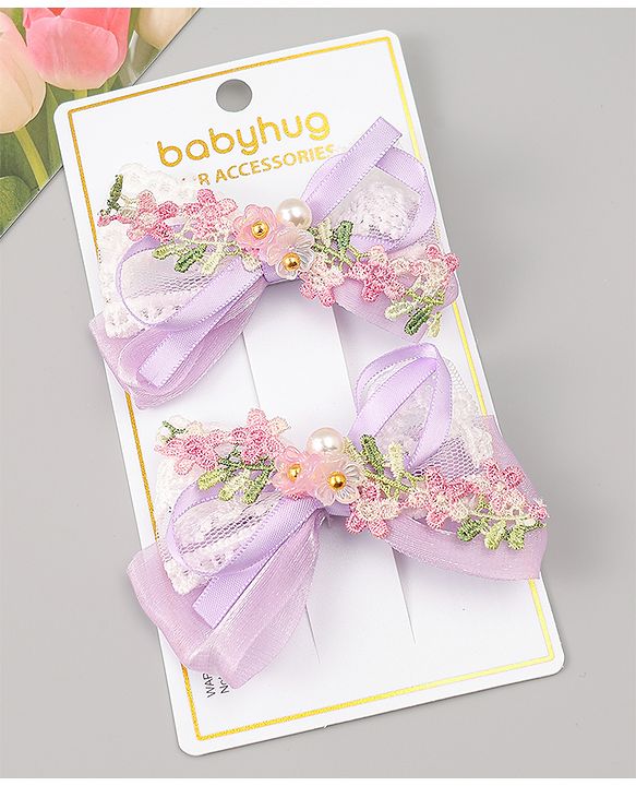 Babyhug Bow & Butterfly Clips With Pearls & Floral Applique Pack of 2 - Pink