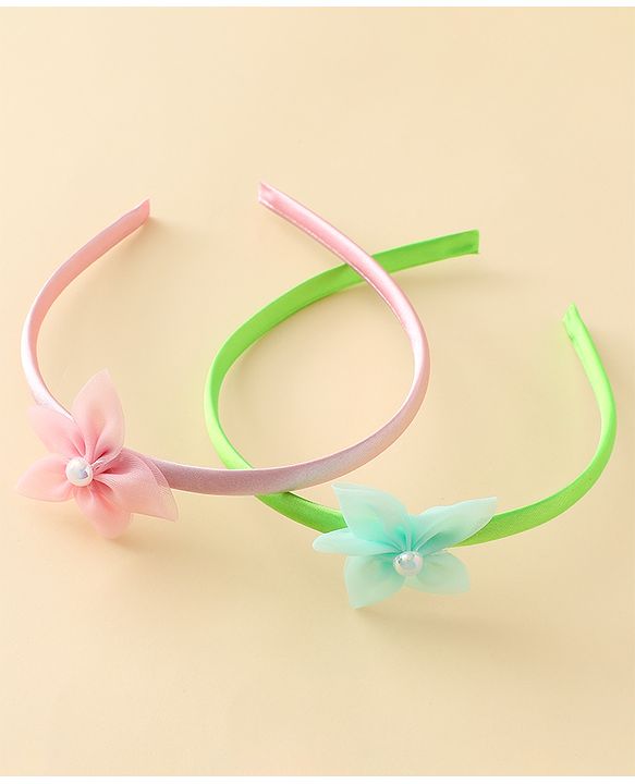 Babyhug Hair Bands with Floral Applique Pack of 2 - Green & Light Pink