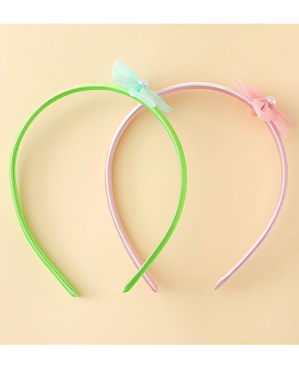 Babyhug Hair Bands with Floral Applique Pack of 2 - Green & Light Pink