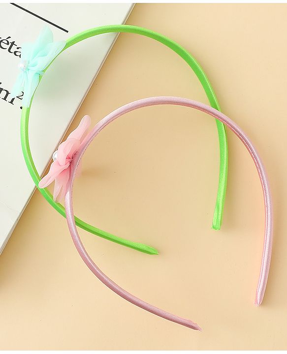 Babyhug Hair Bands with Floral Applique Pack of 2 - Green & Light Pink
