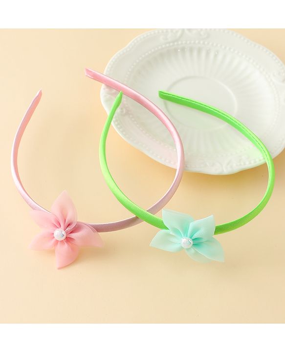 Babyhug Hair Bands with Floral Applique Pack of 2 - Green & Light Pink