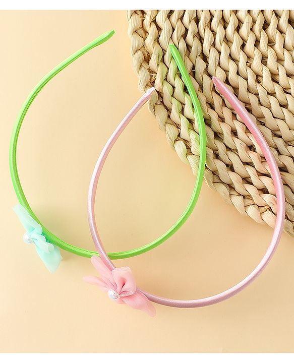 Babyhug Hair Bands with Floral Applique Pack of 2 - Green & Light Pink