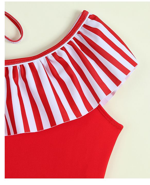 Babyhug Sleeveless Striped V Cut Swimsuit With Headband - Red