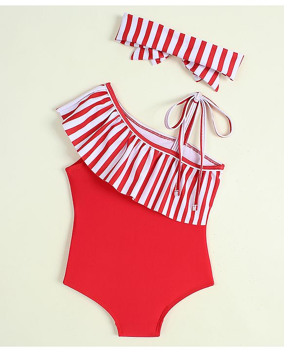 Babyhug Sleeveless Striped V Cut Swimsuit With Headband - Red
