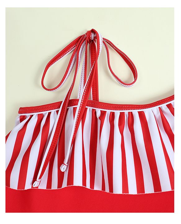 Babyhug Sleeveless Striped V Cut Swimsuit With Headband - Red
