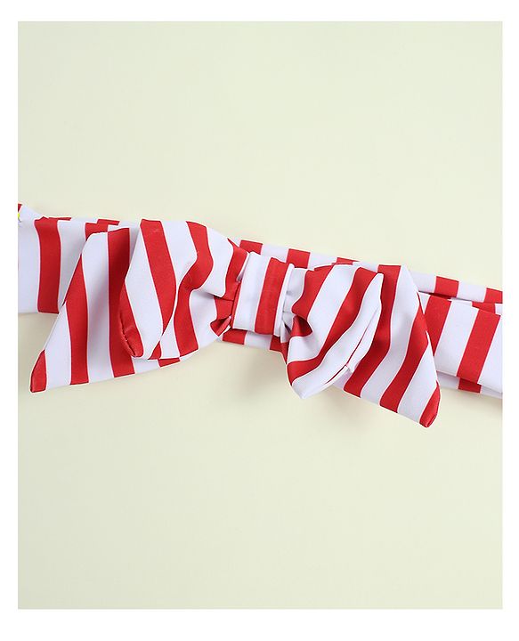 Babyhug Sleeveless Striped V Cut Swimsuit With Headband - Red