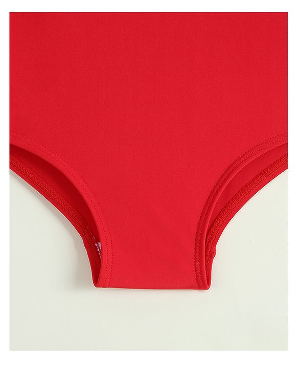 Babyhug Sleeveless Striped V Cut Swimsuit With Headband - Red