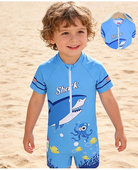 Babyhug Half Sleeves Sea Life Theme Printed Legged Swimsuit With Cap - Blue
