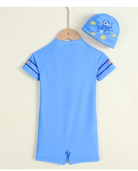Babyhug Half Sleeves Sea Life Theme Printed Legged Swimsuit With Cap - Blue