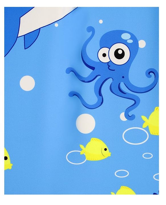 Babyhug Half Sleeves Sea Life Theme Printed Legged Swimsuit With Cap - Blue
