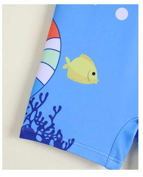 Babyhug Half Sleeves Sea Life Theme Printed Legged Swimsuit With Cap - Blue