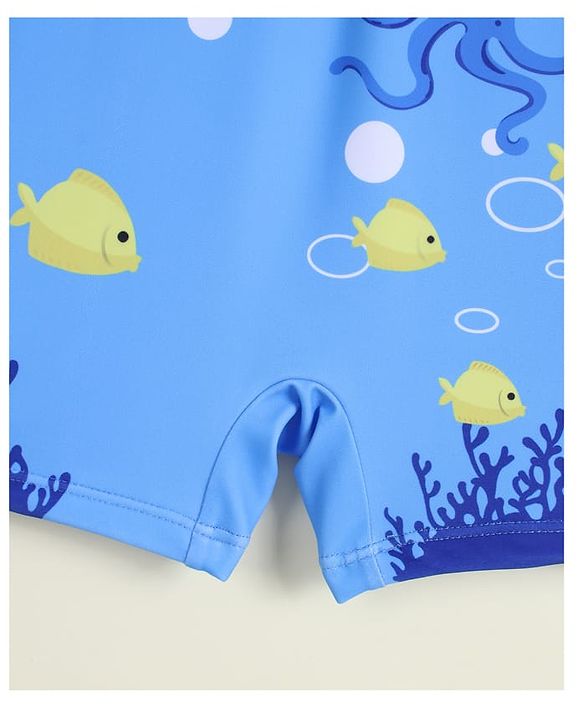 Babyhug Half Sleeves Sea Life Theme Printed Legged Swimsuit With Cap - Blue