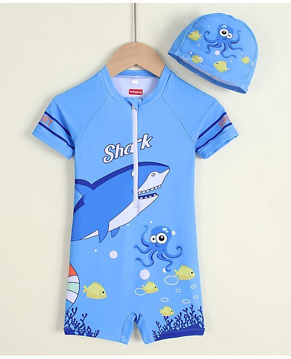 Babyhug Half Sleeves Sea Life Theme Printed Legged Swimsuit With Cap - Blue