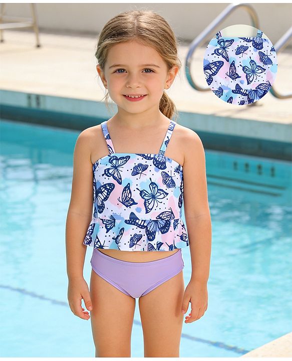 Babyhug Sleeveless Two Piece Swimsuit With Butterfly Print - Multicolor