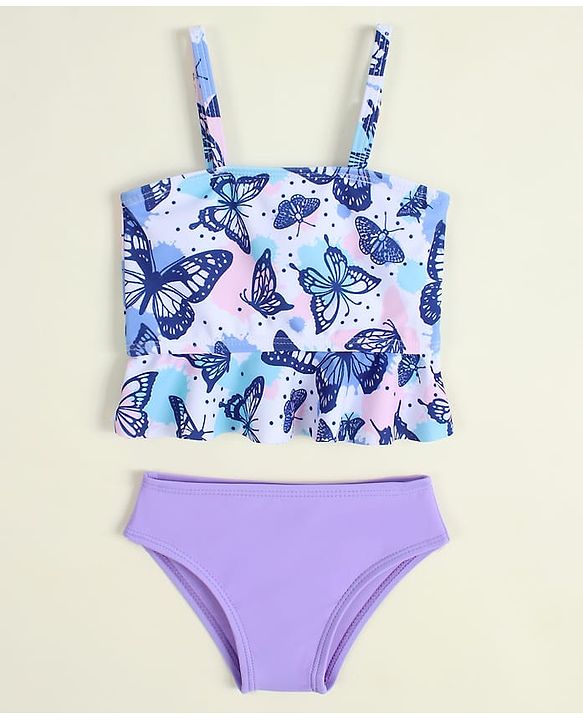 Babyhug Sleeveless Two Piece Swimsuit With Butterfly Print - Multicolor