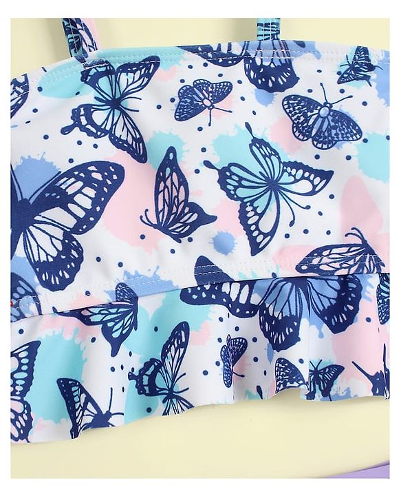 Babyhug Sleeveless Two Piece Swimsuit With Butterfly Print - Multicolor