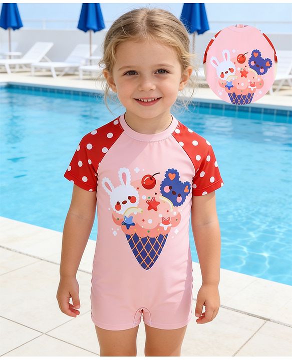 Babyhug Half Raglan Sleeves Legged Swimsuit With Animal Print - Multicolor