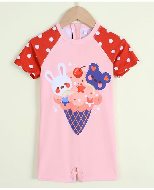 Babyhug Half Raglan Sleeves Legged Swimsuit With Animal Print - Multicolor