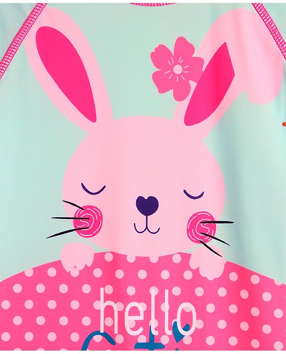 Babyhug Half Raglan Sleeves Bunny & Polka Dots Printed Legged Swimsuit - Multicolour
