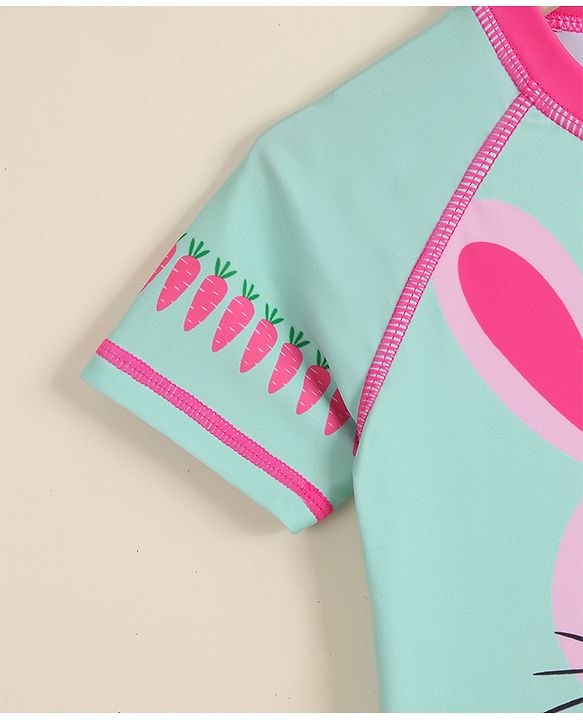 Babyhug Half Raglan Sleeves Bunny & Polka Dots Printed Legged Swimsuit - Multicolour
