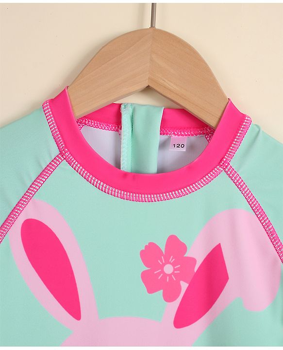 Babyhug Half Raglan Sleeves Bunny & Polka Dots Printed Legged Swimsuit - Multicolour