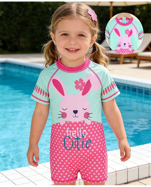 Babyhug Half Raglan Sleeves Bunny & Polka Dots Printed Legged Swimsuit - Multicolour