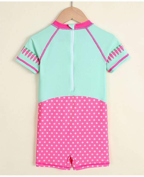 Babyhug Half Raglan Sleeves Bunny & Polka Dots Printed Legged Swimsuit - Multicolour