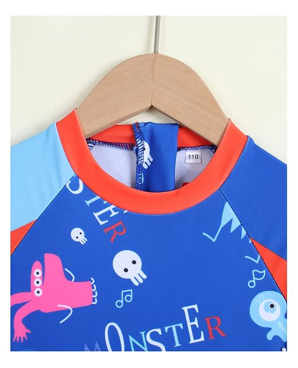 Babyhug Half Raglan Sleeves Printed Legged Swimsuit - Blue
