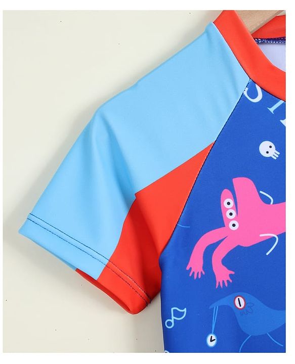 Babyhug Half Raglan Sleeves Printed Legged Swimsuit - Blue