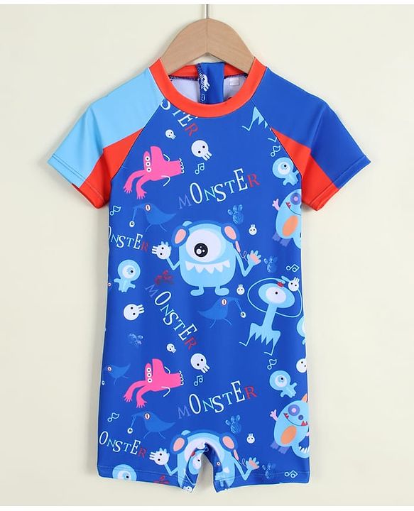 Babyhug Half Raglan Sleeves Printed Legged Swimsuit - Blue