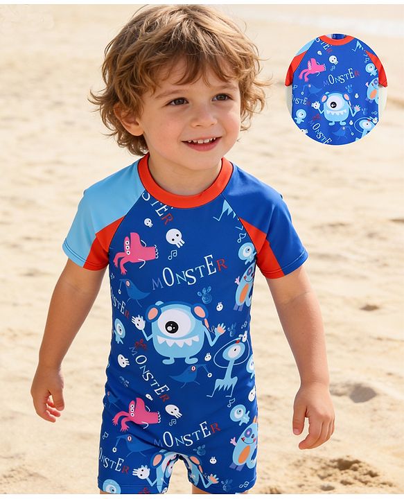 Babyhug Half Raglan Sleeves Printed Legged Swimsuit - Blue