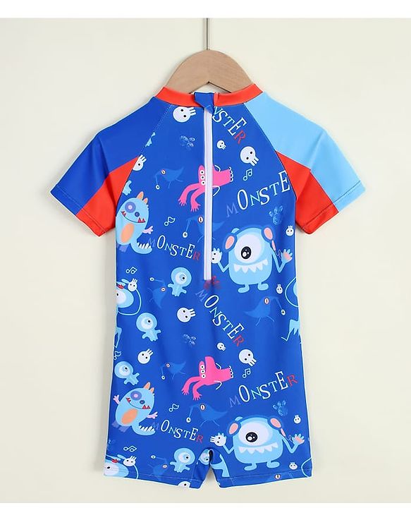 Babyhug Half Raglan Sleeves Printed Legged Swimsuit - Blue
