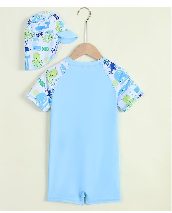 Babyhug Half Raglan Sleeves Printed Legged Swimsuit with Cap - Light Blue