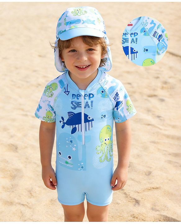 Babyhug Half Raglan Sleeves Printed Legged Swimsuit with Cap - Light Blue