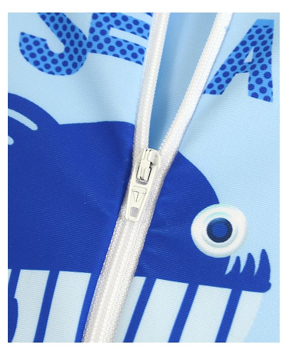 Babyhug Half Raglan Sleeves Printed Legged Swimsuit with Cap - Light Blue