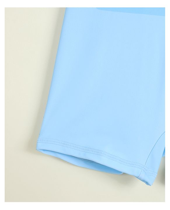 Babyhug Half Raglan Sleeves Printed Legged Swimsuit with Cap - Light Blue