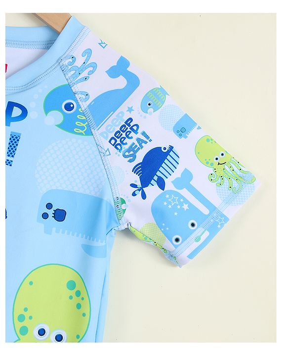 Babyhug Half Raglan Sleeves Printed Legged Swimsuit with Cap - Light Blue