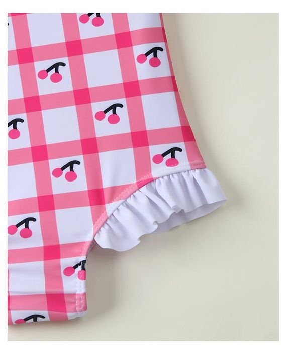 Babyhug Sleeveless V Cut Swimsuit With Checks & Cherry Print - Pink