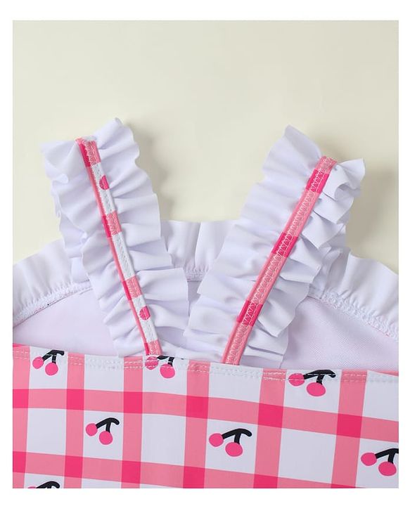 Babyhug Sleeveless V Cut Swimsuit With Checks & Cherry Print - Pink