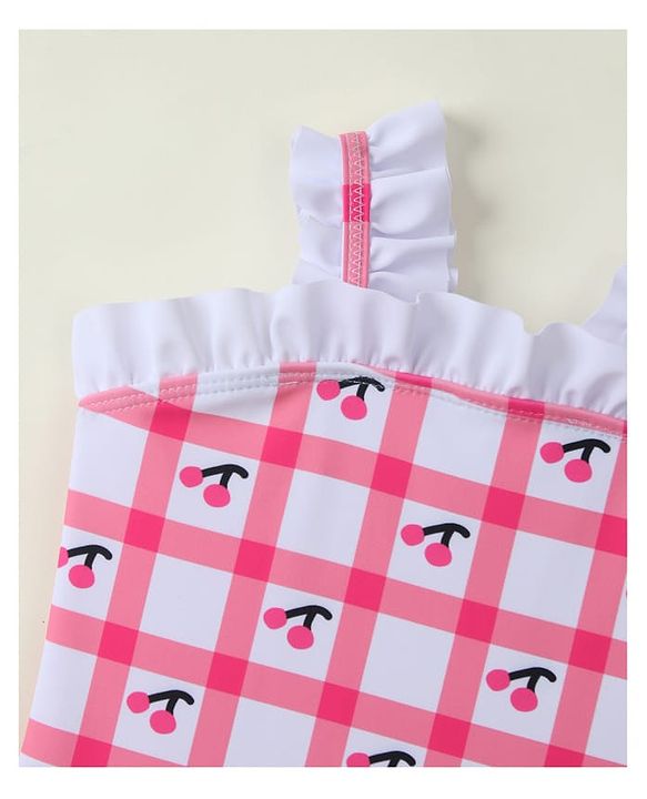 Babyhug Sleeveless V Cut Swimsuit With Checks & Cherry Print - Pink