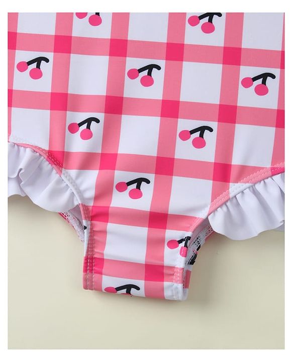 Babyhug Sleeveless V Cut Swimsuit With Checks & Cherry Print - Pink