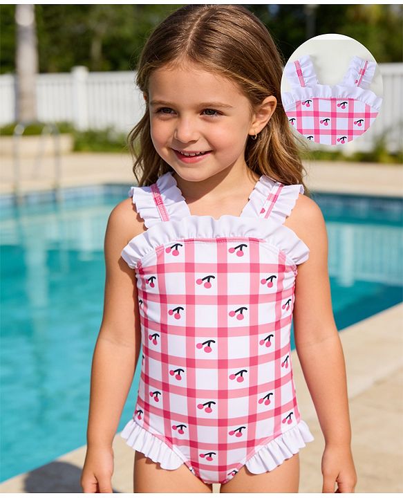 Babyhug Sleeveless V Cut Swimsuit With Checks & Cherry Print - Pink