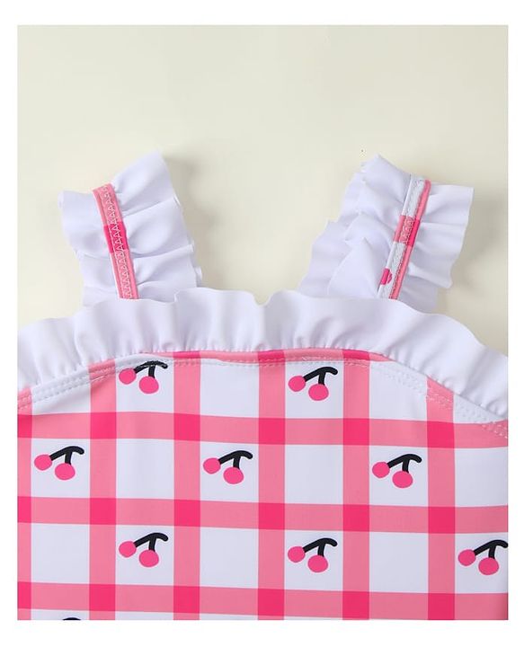 Babyhug Sleeveless V Cut Swimsuit With Checks & Cherry Print - Pink
