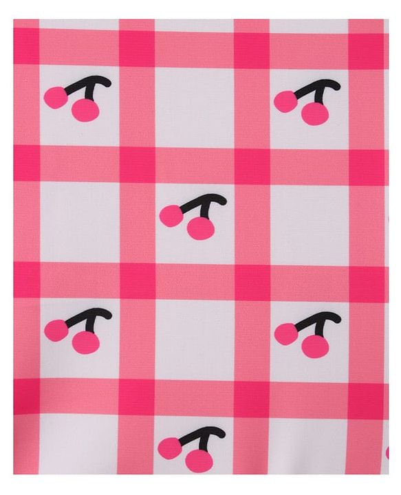Babyhug Sleeveless V Cut Swimsuit With Checks & Cherry Print - Pink