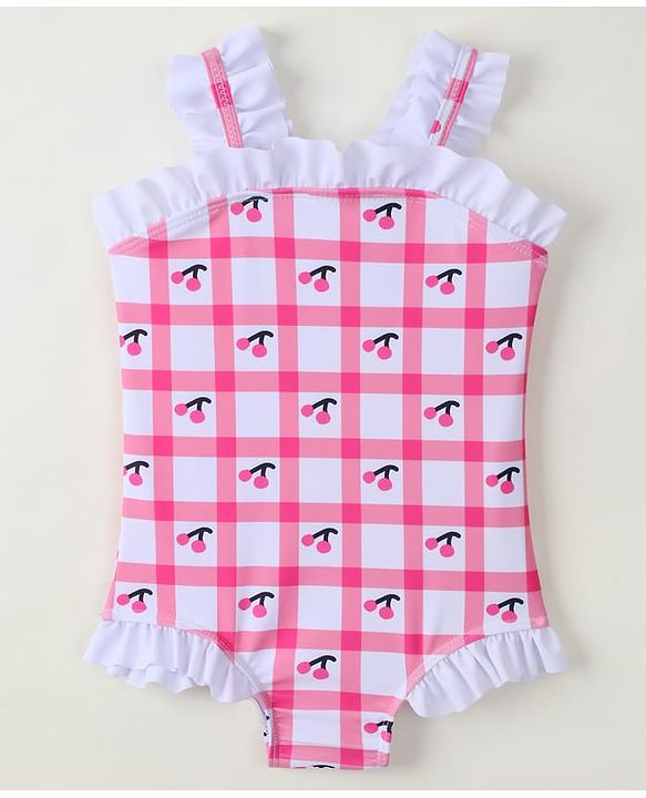 Babyhug Sleeveless V Cut Swimsuit With Checks & Cherry Print - Pink
