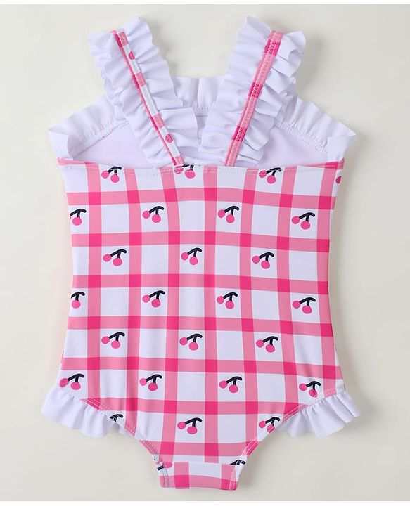 Babyhug Sleeveless V Cut Swimsuit With Checks & Cherry Print - Pink