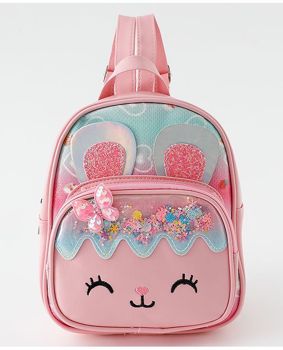 Babyhug Fashion Backpack with Bunny & Glitter Detailing - Pink