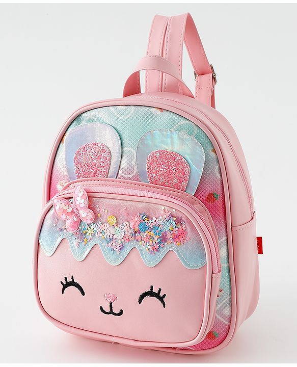 Babyhug Fashion Backpack with Bunny & Glitter Detailing - Pink